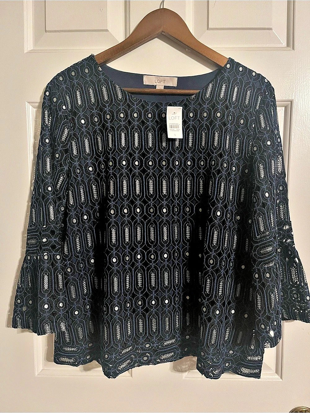 LOFT Embroidered Blouse in Blue & Black Size Large NWT